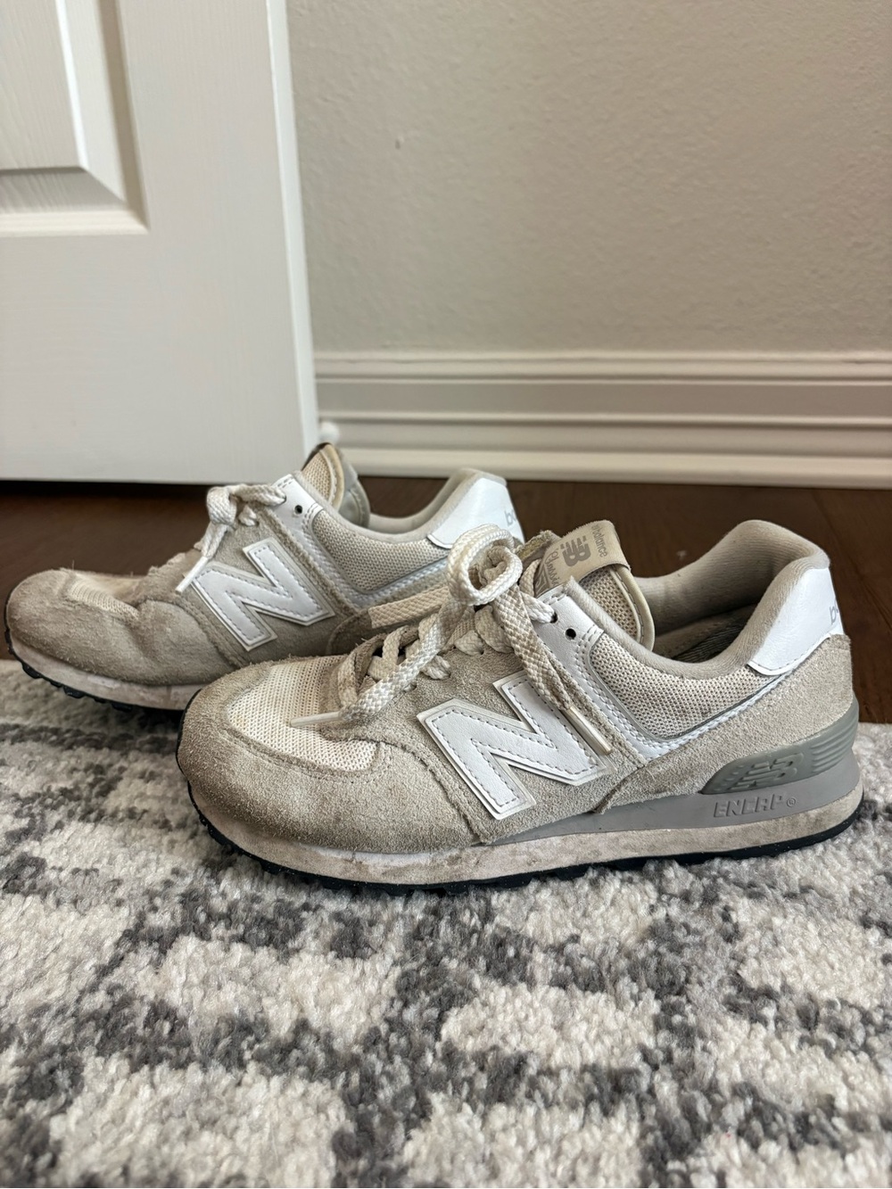 New Balance Taupe and White Suede Mesh Sneakers